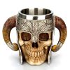 1pc Horn Cup; Skull Cup; Beer Glass; 3D Viking Skull Beer Mug; Coffee Cup; Stainless Steel Viking Drinking Mug With Double Ram Horn