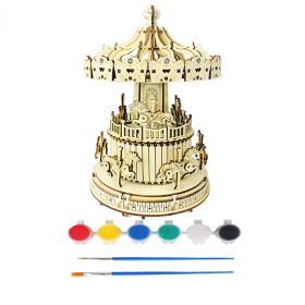 Dynamic Mechanical Wooden Three-dimensional Puzzle Hand-assembled Educational Toys Creative Ornaments (Option: Carousel Music Box Pigment)